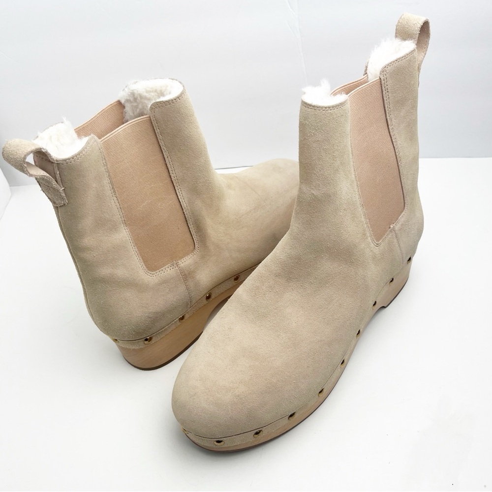J. CREW Suede Leather Upper Faux Fur Lined Clog Studded Boots Size 12 Neutral